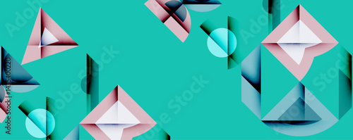 Abstract geometric shapes overlap, creating layered visual effect. Teal background complements pink, blue tones. Modern design.