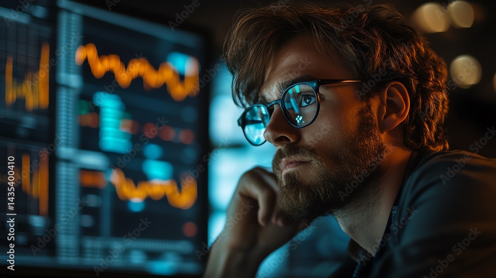 Focused Man Analyzing Data: Blue-Lit Nighttime Screen Study Focused Man Analyzing Data: Blue-Lit Nighttime Screen Study