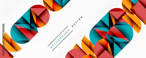 Abstract geometric shapes, vibrant colors, modern design. Circles, triangles create dynamic composition. Clean background enhances visual impact.