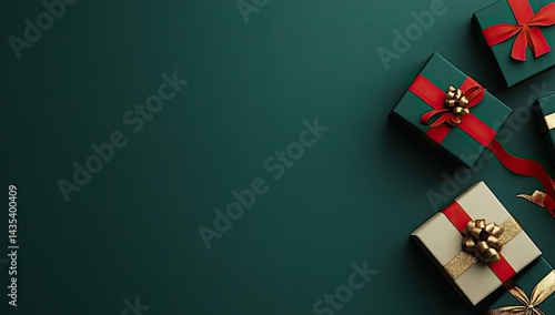 Emerald green background with several elegantly wrapped gifts, red and gold ribbons
