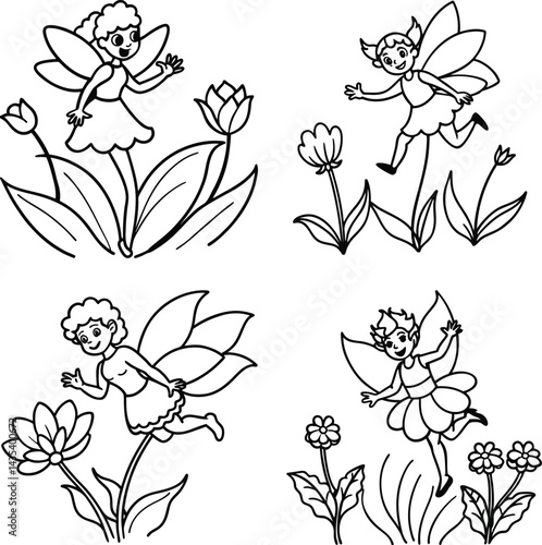 Cute fairies collection with flowers coloring page outline style illustration