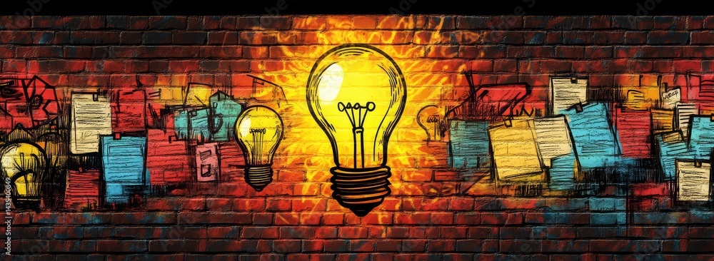 Fototapeta premium Glowing bulb on graffiti-covered brick wall