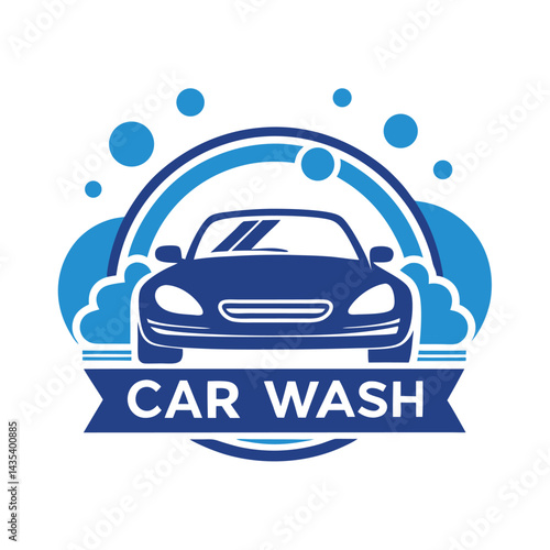 Fresh minimalist logo design for a modern car wash featuring a stylish car and bubbles in vibrant blue tones, ideal for branding and promotional materials in the automotive industry