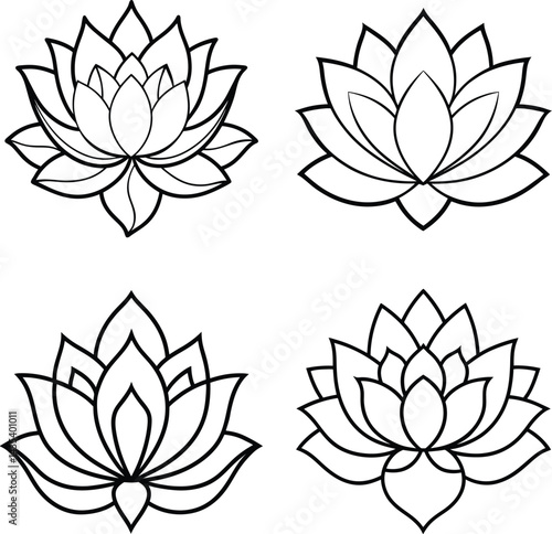 Collection of four stylized lotus flowers in black and white line art