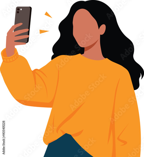 Woman Taking Selfie Flat Vector Illustration of Dark Haired Girl in Yellow Sweater with Smartphone