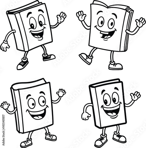 Cartoon books characters dancing and smiling monochrome illustration