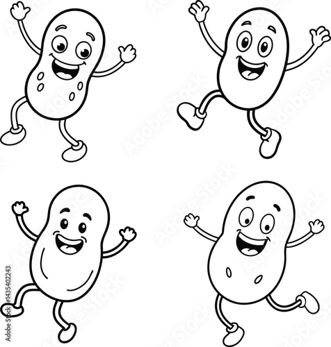 Cheerful cartoon beans characters set dancing and celebrating in black and white