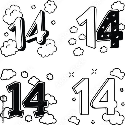 Valentine fourteen isolated illustration set with clouds and hearts