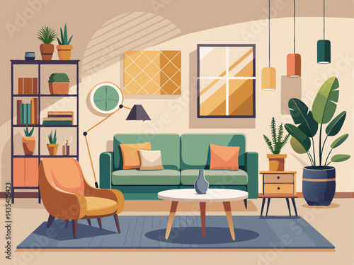 A minimalist vector of a stylish living room scene with neutral colors, placed on a soft beige background
