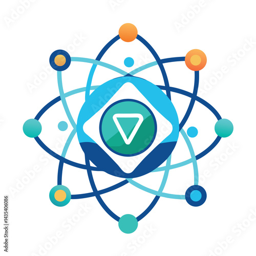 Modern vector logo design for a quantum computing innovator featuring interconnected particles and a central emblem