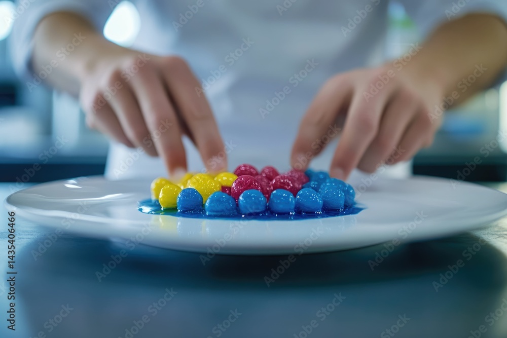 Chef carefully placing colorful,spherical candies on a white plate, creating a vibrant dessert presentation. Chef carefully placing colorful,spherical candies on a white plate, creating a vibrant dessert presentation.
