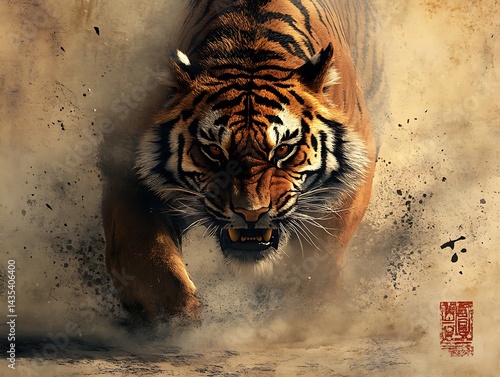 Tiger charging, dust cloud, dramatic background. Possible use wildlife, action, nature