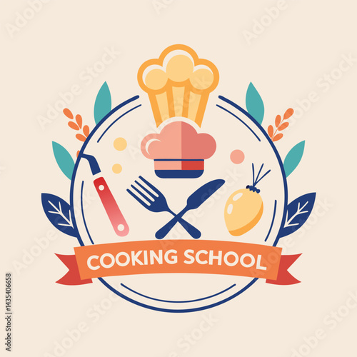 Minimalist and inspiring logo design for a cooking school featuring a chef's hat, utensils, and fresh ingredients, perfect for promoting culinary education and passion for cooking