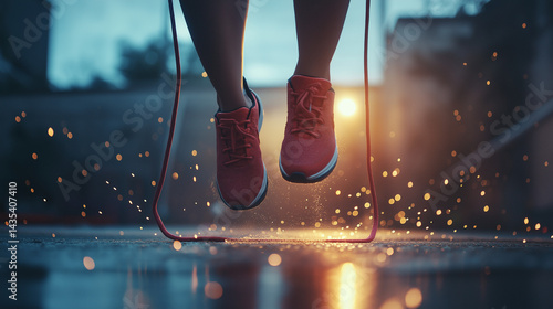 Feet lifting during a skipping rope workout, captured in slow motion with crisp lighting, highlighting the sharp textures and movement for fitness and sports designs.
