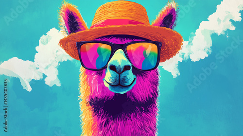 Cute cartoon llama with sunglasses and hat, bright tropical summer vibes, perfect for kids, fun designs, and vacation themes