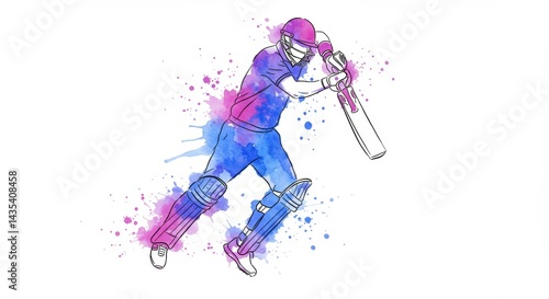 Watercolor depiction of a cricket batsman in mid-swing with vibrant washes