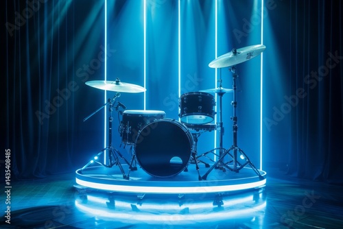 Drum Set in Neon Lights with Dramatic Stage Lighting Effect