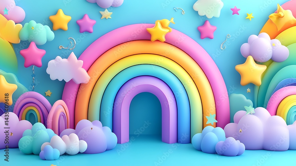 Rainbow arch with stars, clouds, and pastel. Rainbow arch with stars, clouds, and pastel.
