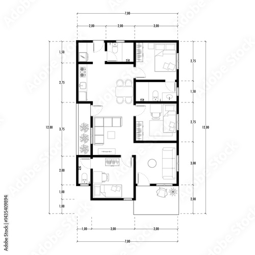 Black and White floor plan of a modern unfurnished house for your design. Suburban house vector blueprint. Architectural background. eps