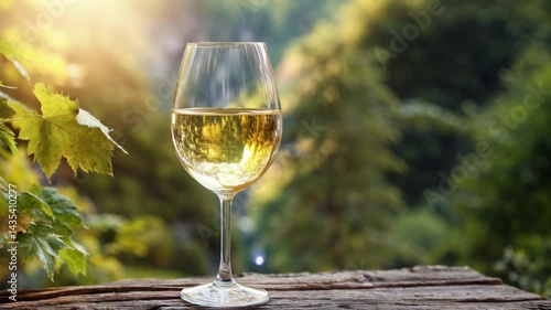 Glass of white wine is sitting on a wooden table in a beautiful outdoor setting. The glass is half full, and the wine is clear and golden. Concept of relaxation and enjoyment