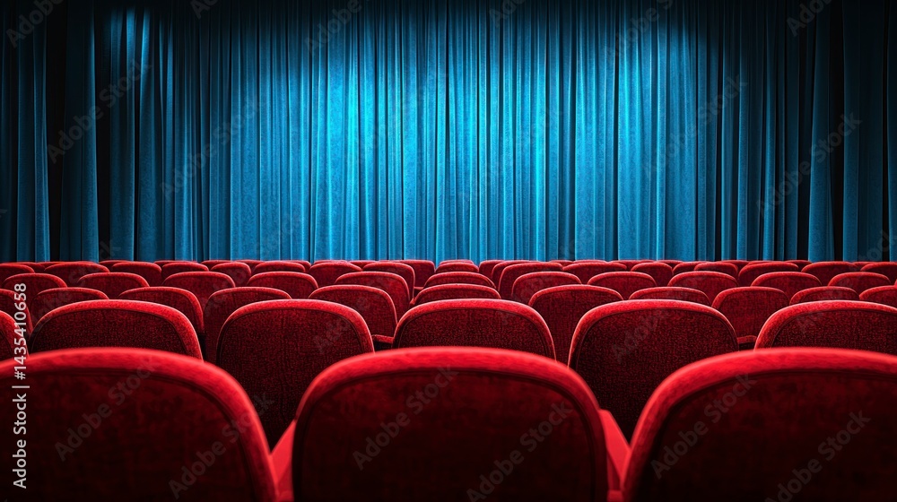 Fototapeta premium Red seats facing blue curtains on a stage