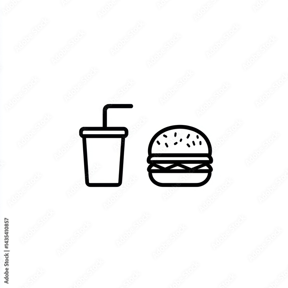 Simple black line art of soda and burger Simple black line art of soda and burger