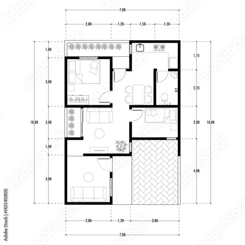 Black and White floor plan of a modern unfurnished house for your design. Suburban house vector blueprint. Architectural background. eps