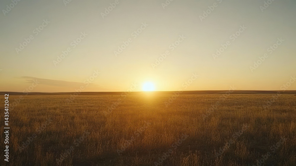 Golden sun sets low over a vast open grassy plain Golden sun sets low over a vast open grassy plain