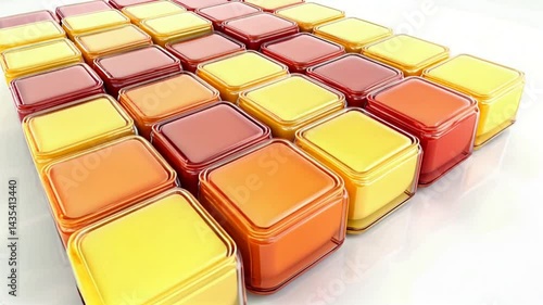 Row of yellow and orange cubes are arranged in a pattern. The cubes are all the same size and are placed in a grid. The image has a bright and cheerful mood