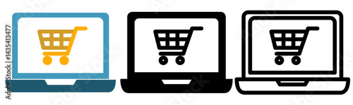 laptop icon with shopping cart, online shopping icon, simple flat style, illustration, logo sign symbol pictogram template, for ui or ux isolated on white for mobile app, editable