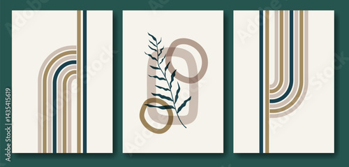 Floral abstract background poster set. Collection of plants, leaf branch and stripes
