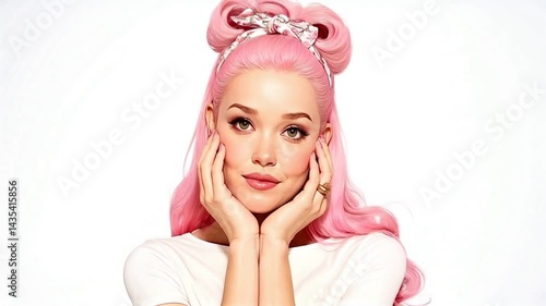 Woman with pink hair and a pink headband. She is wearing a white shirt and has a pinkish face