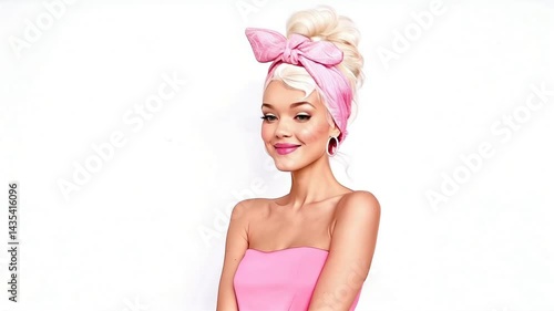 Woman in a pink dress with a pink headband is posing for a photo. Concept of playfulness and fun, as the woman is wearing a pink outfit and has a pink headband