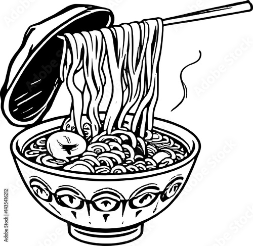 Steaming Noodle Bowl With Chopsticks And Lid Black And White Line Art Illustration