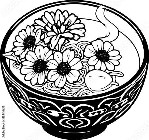 Decorative Bowl Of Noodle Soup Topped With Colorful Flowers And Steaming Broth Illustration