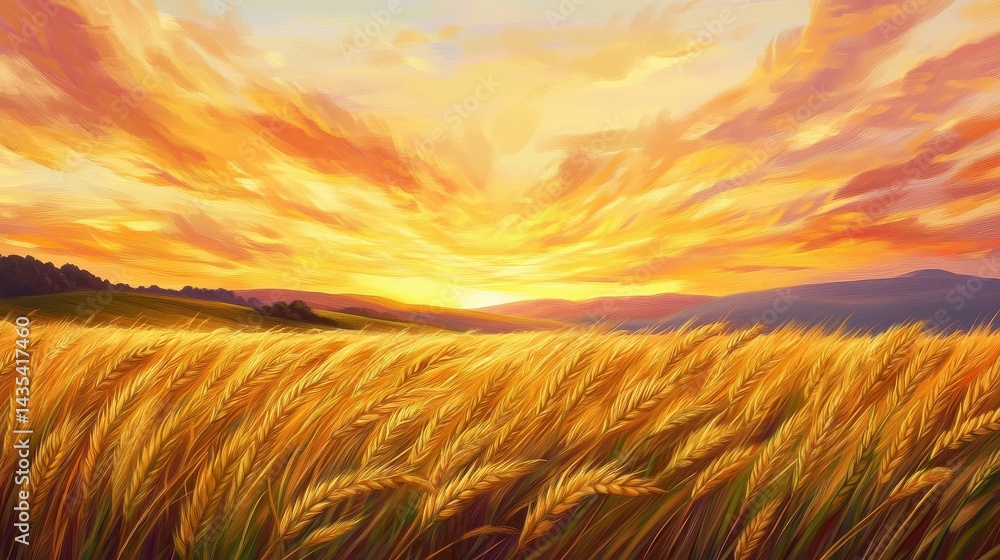 Fototapeta premium golden wheat field sunset landscape
