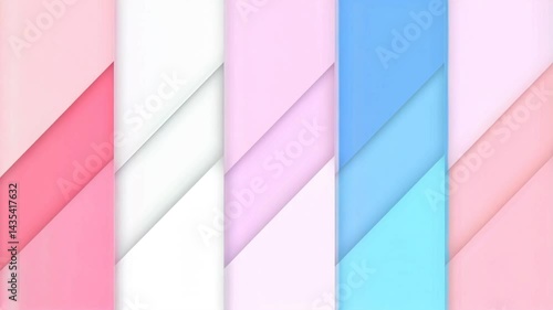Series of colorful paper strips with a pink and white background. The strips are arranged in a row, with some being pink and others being blue. Scene is bright and cheerful