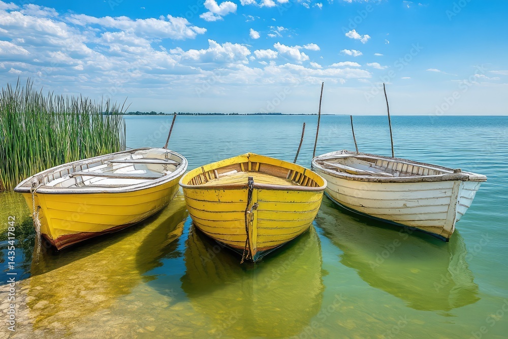Fototapeta premium Three wooden boats docked on a calm lake with clear blue sky