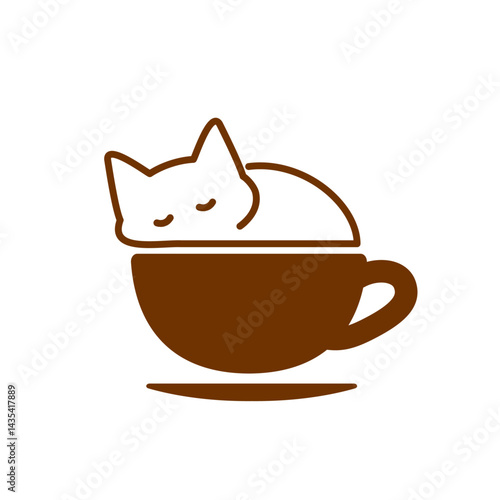 コーヒーカップに入ってお昼寝する白い猫のアイコン素材･茶色×白