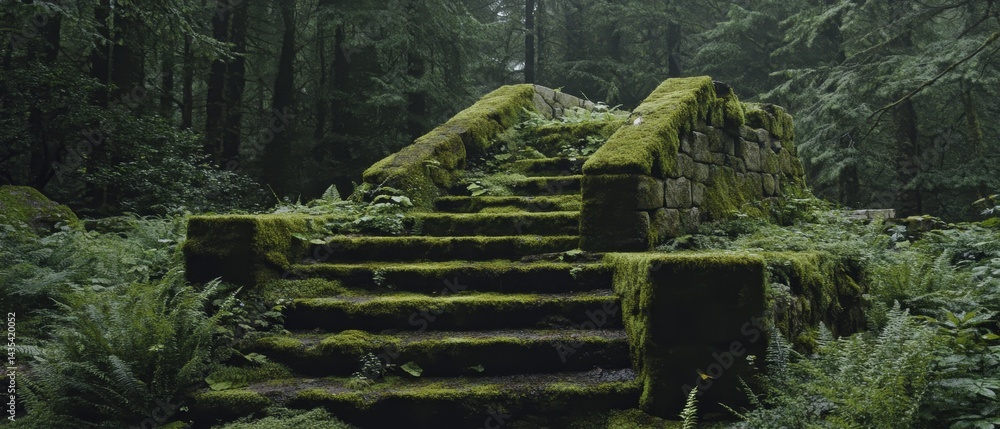 A moss covered stone staircase in a forest