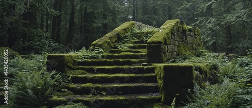 A moss covered stone staircase in a forest
