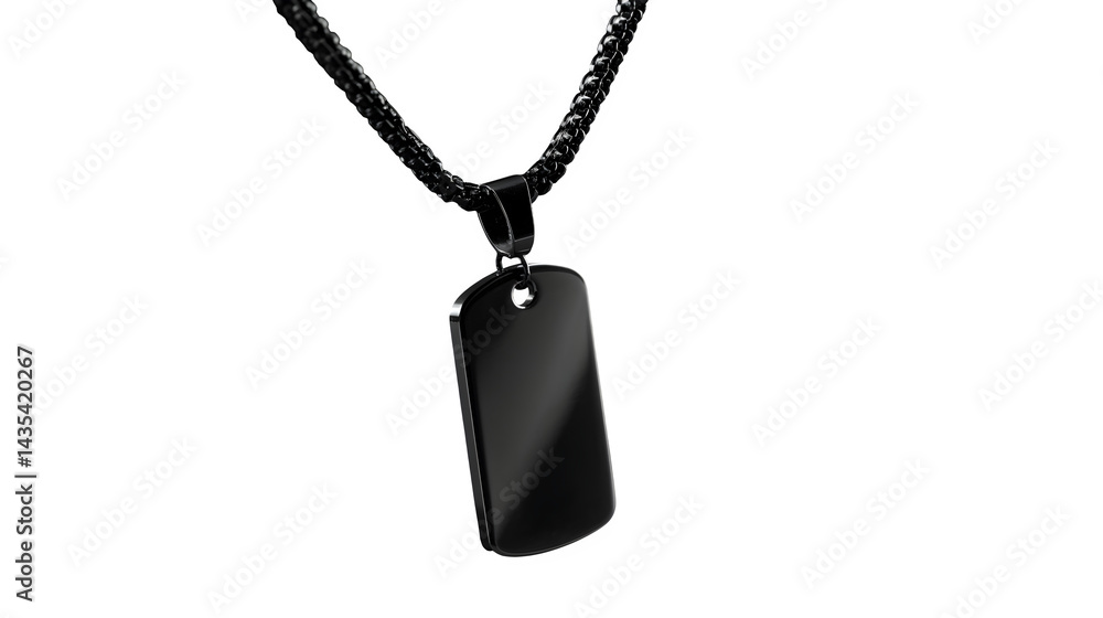 Fototapeta premium Black dog tag pendant on a chain, isolated against a plain black background