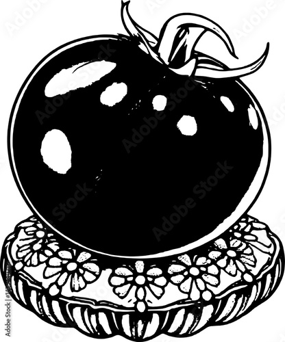 Stylized Red Tomato Resting on a Decorative Floral Pillow Isolated on White Background