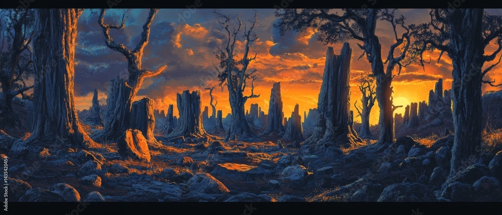 A desolate landscape with a sunset in the background