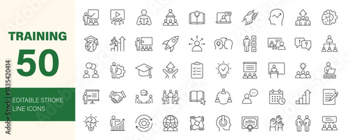 Training icon set. Containing coaching, workshop, education, seminar, advise, support, learning, webinar, skills, business and more. Editable line icons. Vector illustration.