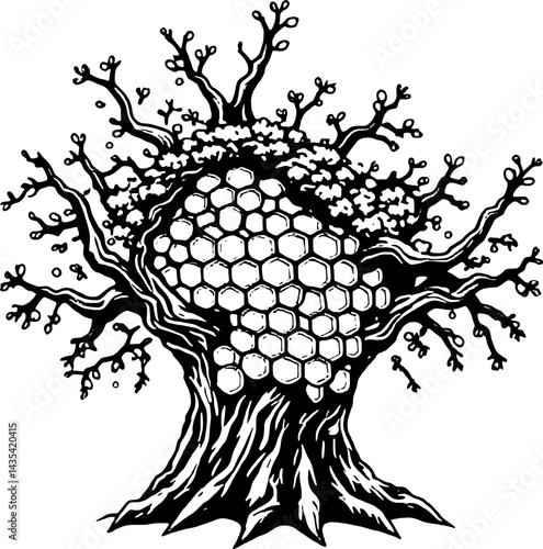 Stylized Tree With Honeycomb Crown Black Branches And Golden Cells Isolated On White