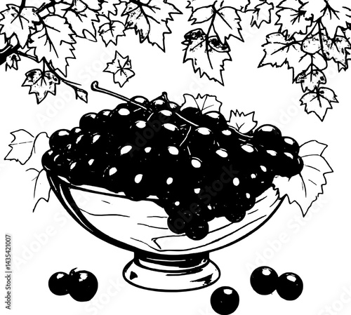 Purple Grapes Overflowing from Wooden Bowl with Grapevine Leaves and a Sun in the Background