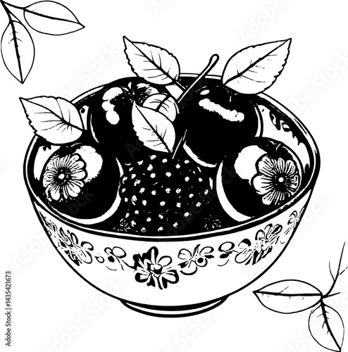 Bowl Of Purple Apples And A Red Raspberry With Green Leaves On A Illustration