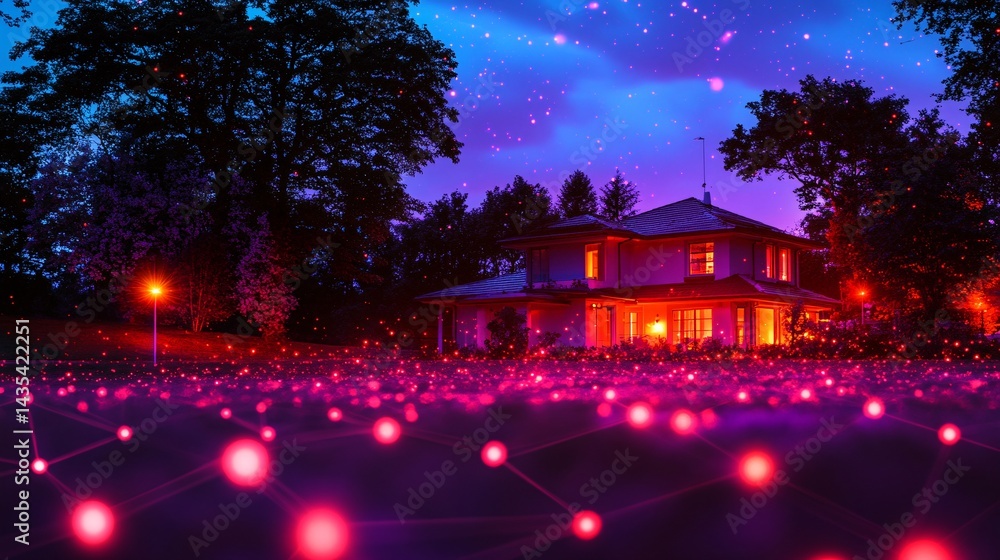 Fototapeta premium Night House Illuminated Smart Home Network Lights Trees