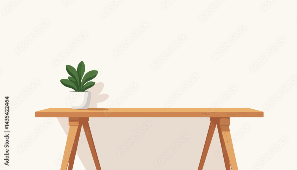 Fototapeta premium Minimalist wooden desk with green plant in natural light, workspace elegance